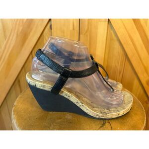 Chaps Raevyn Black Cork T-Strap Wedge Heel Open Toe Slip On Sandals Size 8.5B